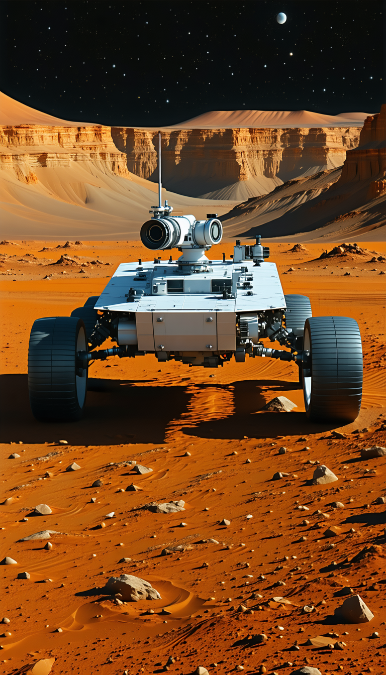 A White Robotic Vehicle, Possibly A Rover, Driving Across A Red Dirt Surface