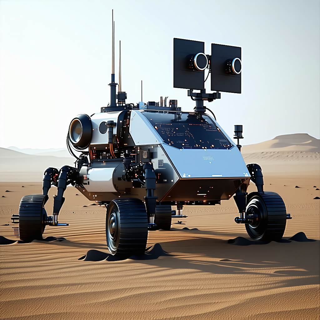 A Futuristic Robot Is Standing On A Sandy Surface, Possibly A Desert