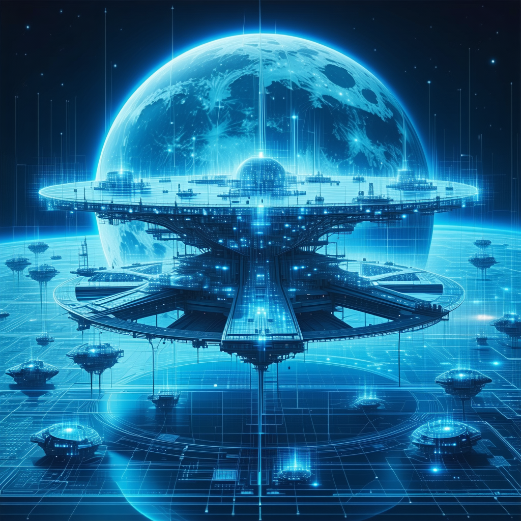 A Futuristic City With A Large, Blue, Circular Structure At Its Center