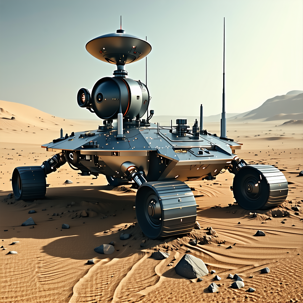 A Futuristic Vehicle, Possibly A Spacecraft Or A Rover, Parked On A Rocky Surface