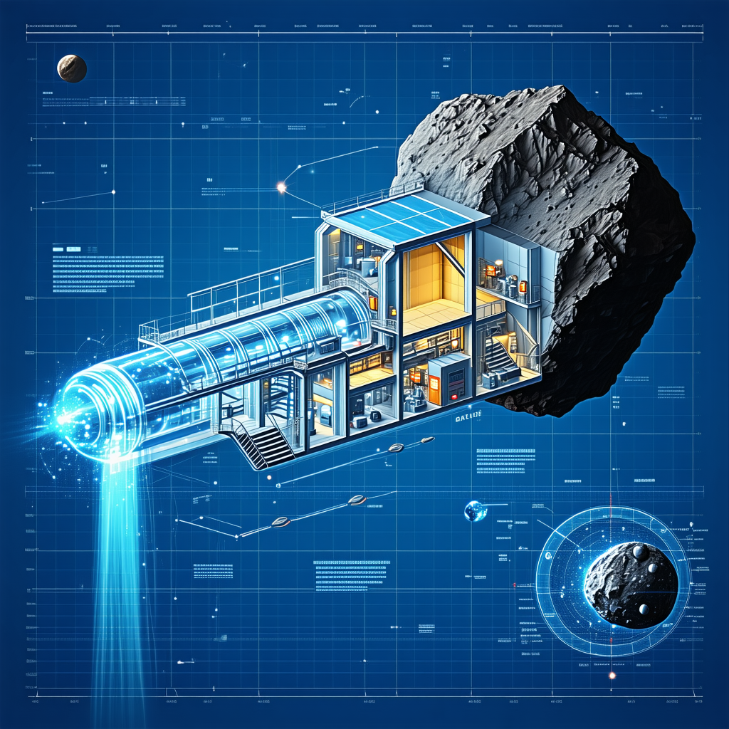 The Image Is A Futuristic Drawing Of A Space Station With A Large Rock In The Middle
