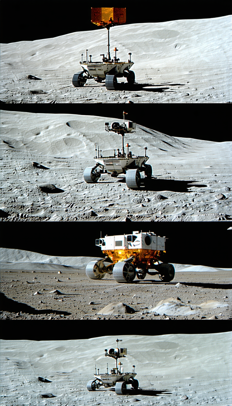 The Image Is A Collage Of Three Different Pictures Of A Rover On The Moon