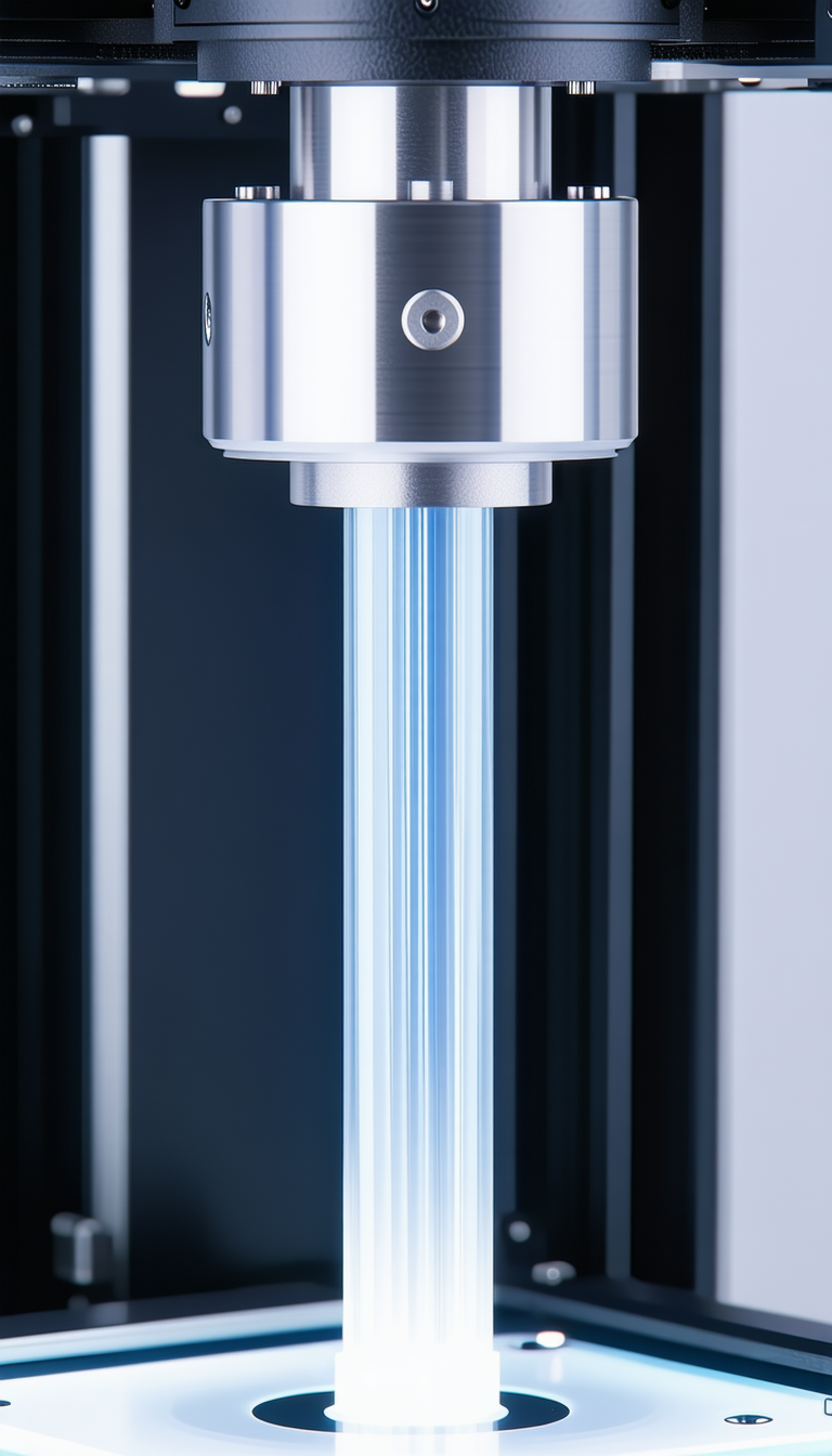 A Large, Silver Machine Is Sitting In A Room, With A Blue Light Shining From It