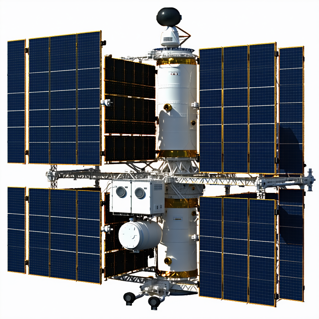 A Large Spacecraft Is Shown In A Three-dimensional View, With Its Various Components Clearly Visible