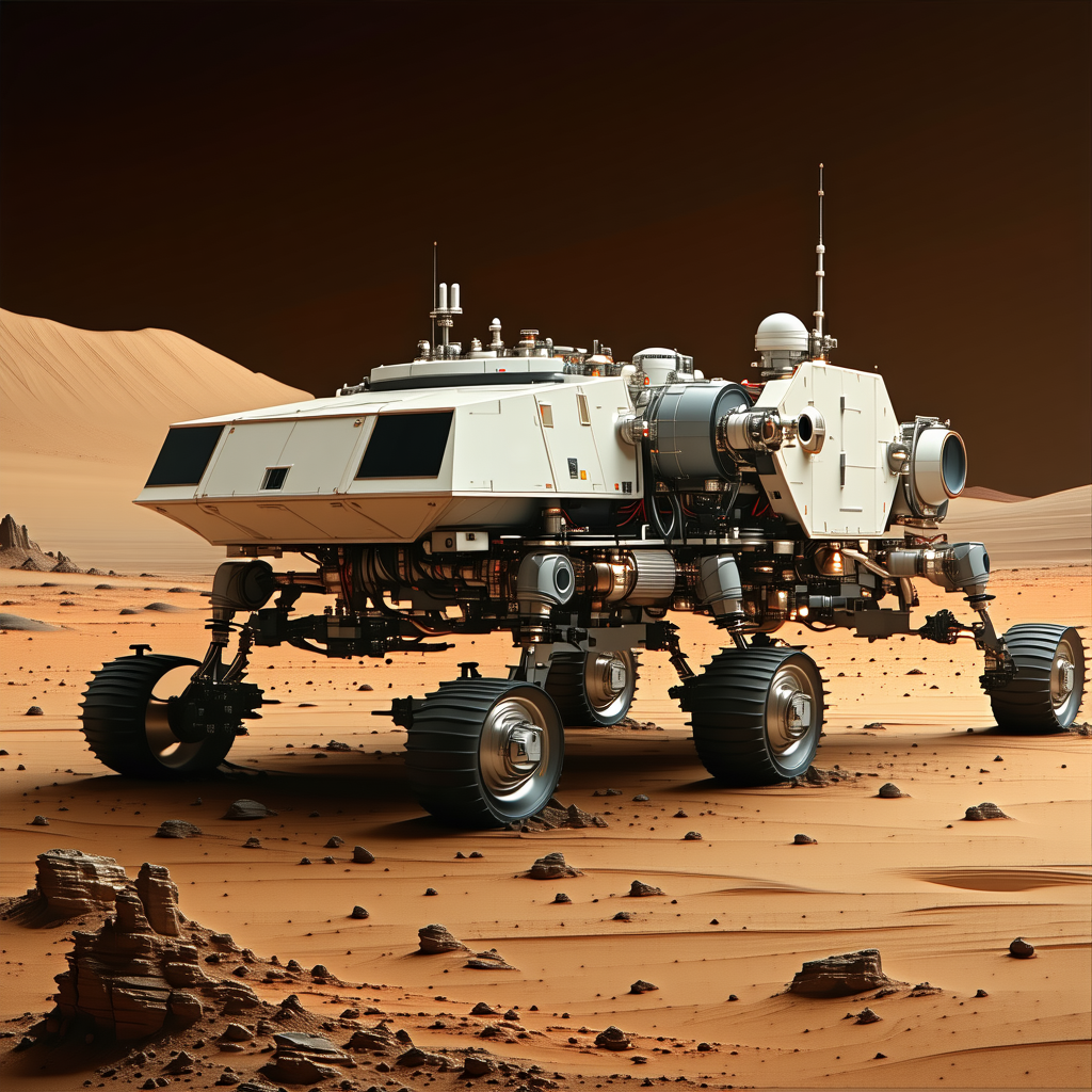 A Large White Vehicle, Possibly A Rover Or A Spacecraft, Parked On A Rocky Surface