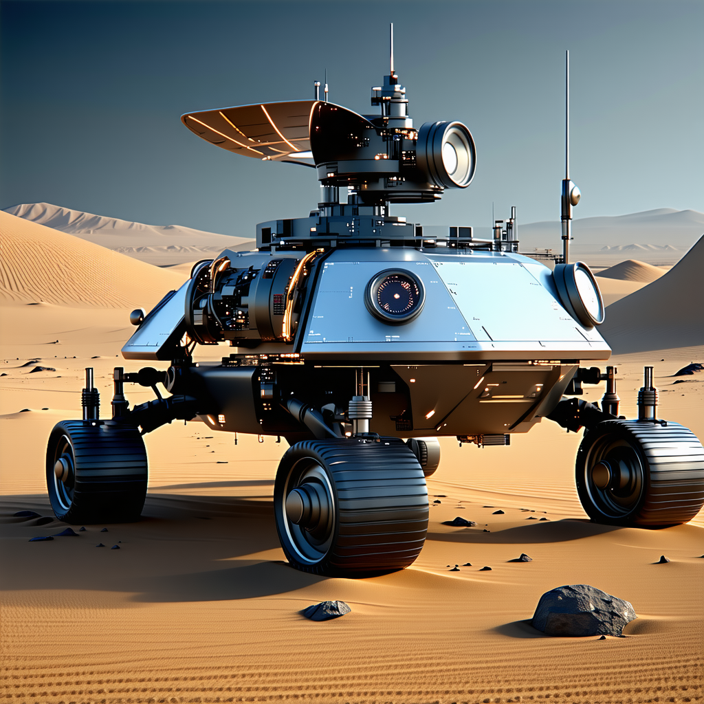 A Futuristic Vehicle, Possibly A Spacecraft Or A Rover, Parked On A Sandy Surface