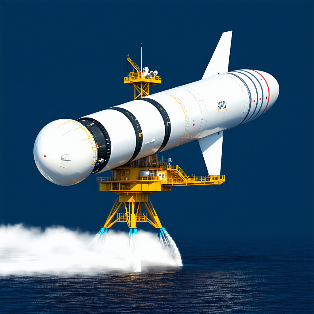 A Large White Rocket Ship Is Being Launched From A Yellow Platform In The Ocean