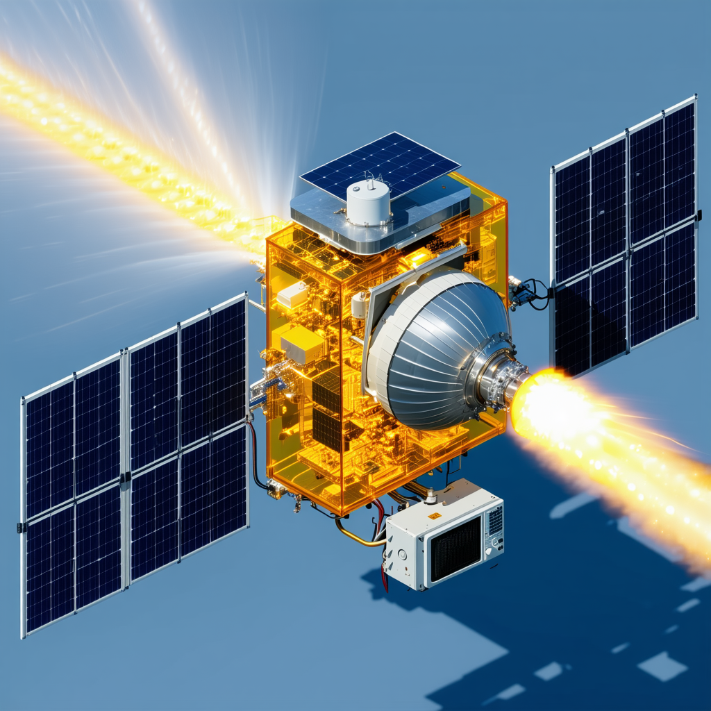 A Spacecraft Is Shown In A Close-up View, With Its Solar Panels And Other Components Clearly Visible