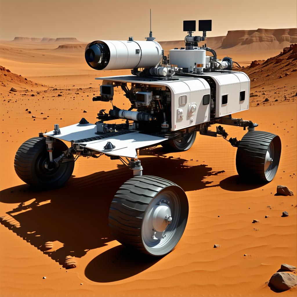 A Large, White, And Silver Robotic Vehicle With Four Wheels, Sitting On A Dirt Surface
