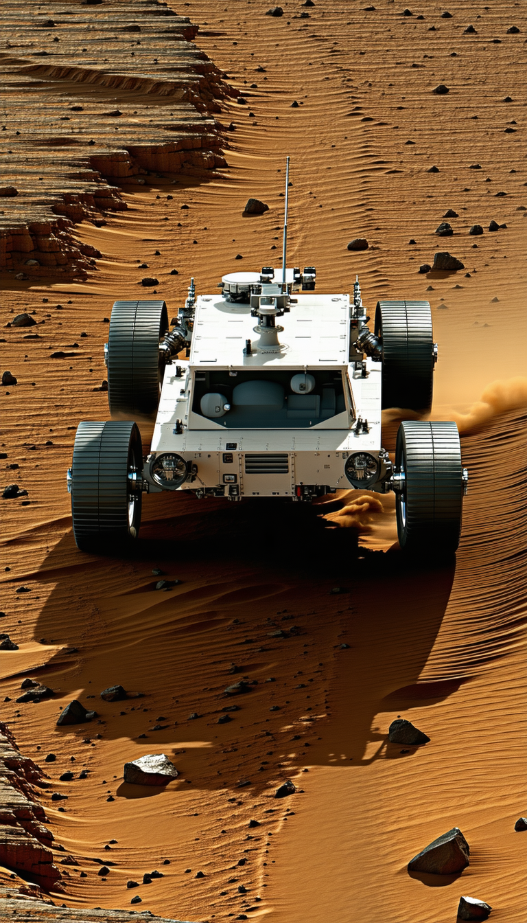 A White Vehicle Is Driving On A Sandy Surface, Possibly A Desert