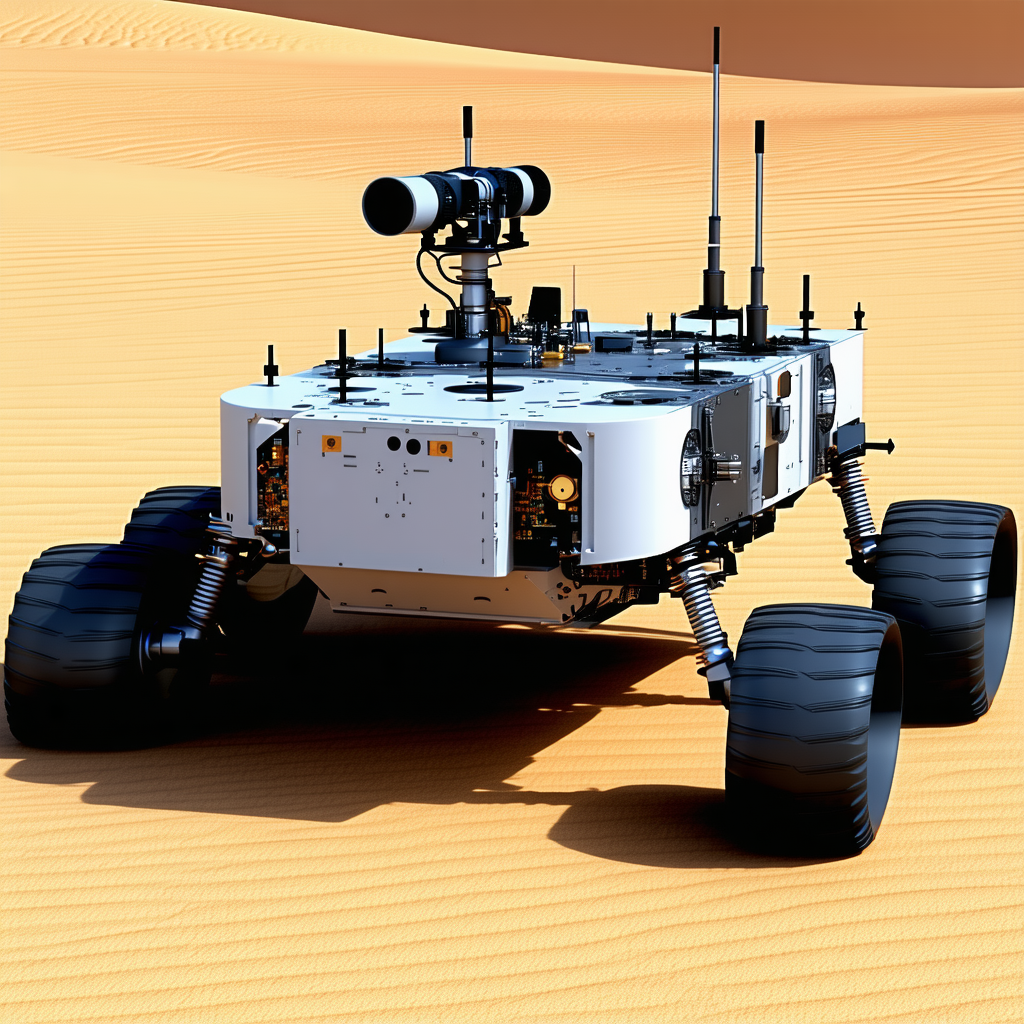 A White Robotic Vehicle With Four Wheels, Sitting In A Desert-like Environment