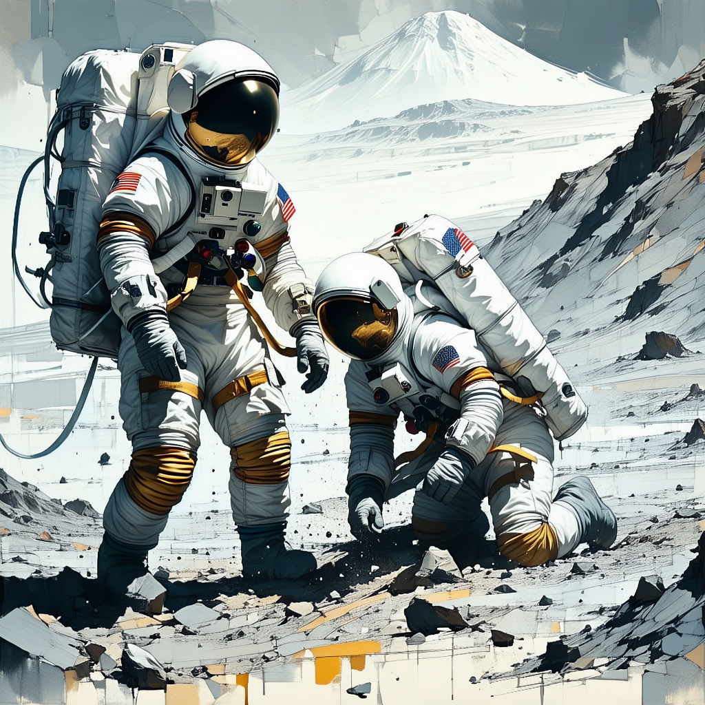 In The Image, There Are Two Astronauts Standing On A Rocky Surface, Possibly On The Moon