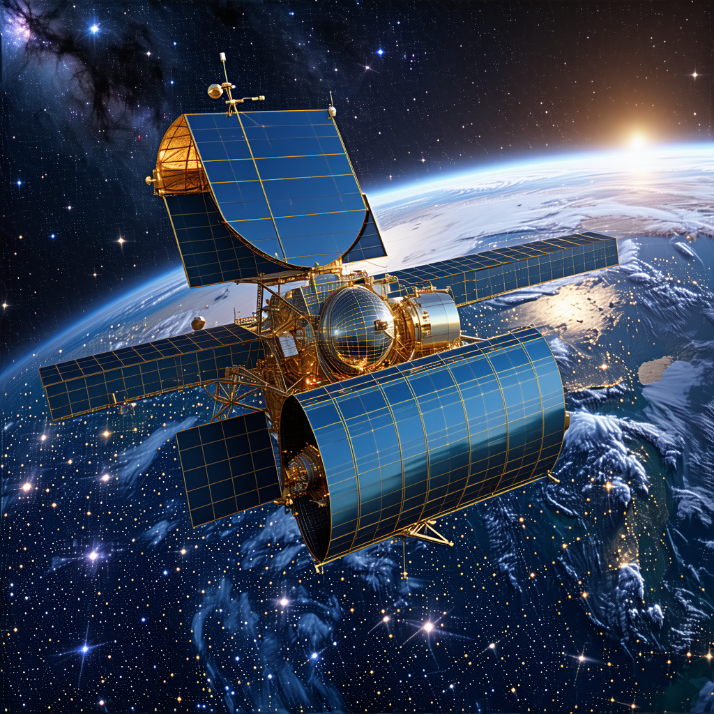 A Spacecraft With A Blue And Gold Color Scheme, Flying Through The Vast Expanse Of Space