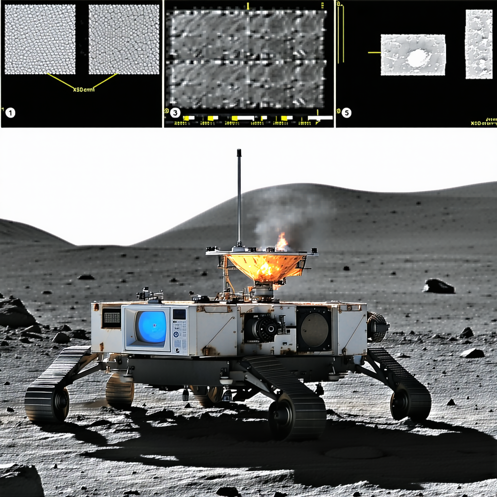A White Robot Is Driving On A Rocky Surface, With A Red Flame Coming Out Of The Back