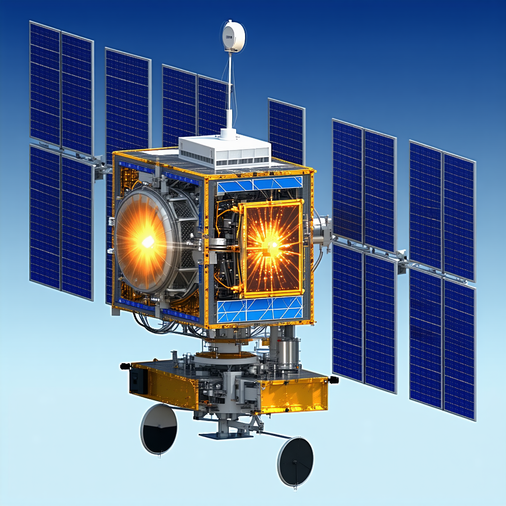 A Spacecraft Is Shown In A Blue Background, With A Large Satellite Dish On The Front