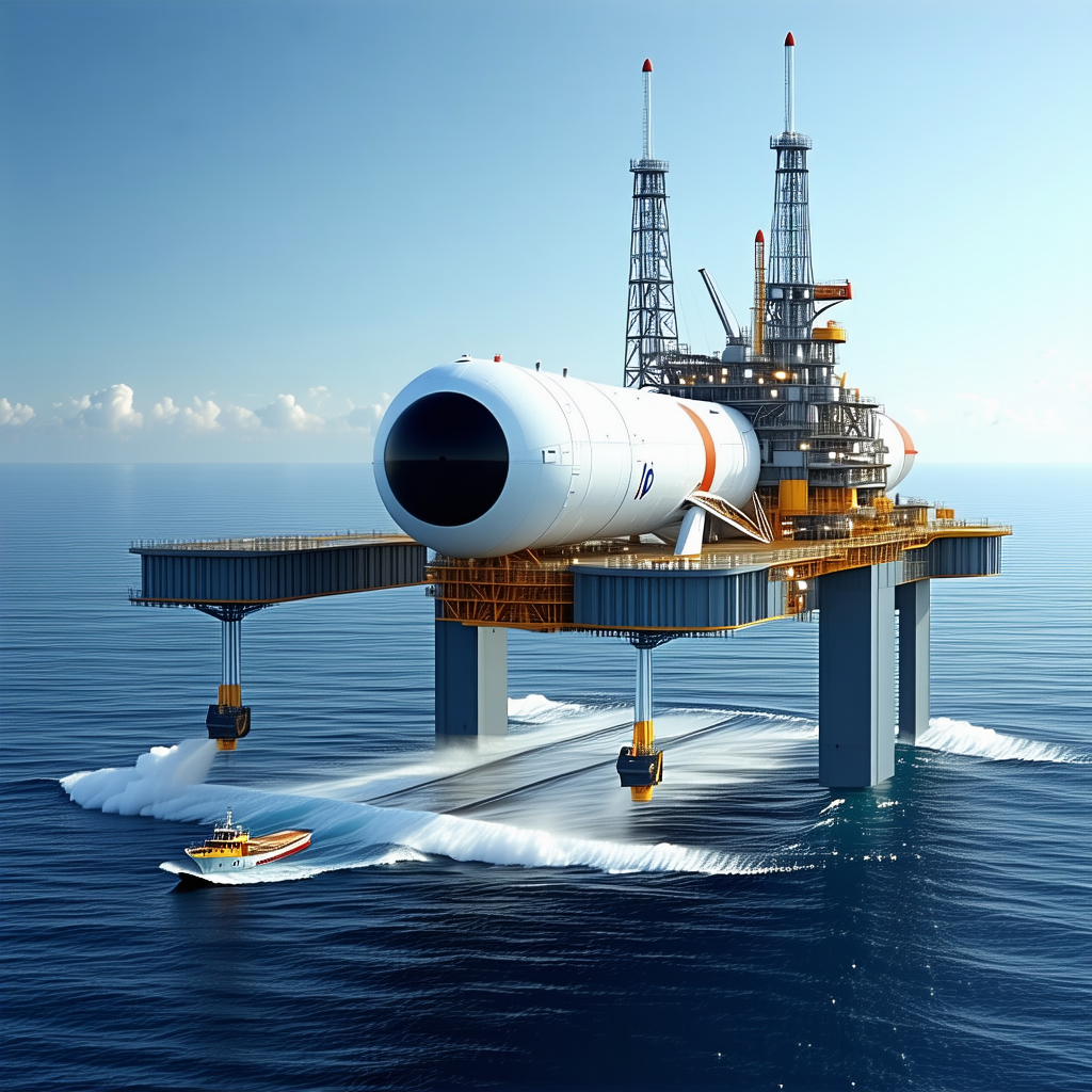 A Large White And Orange Oil Rig Is Floating On The Water
