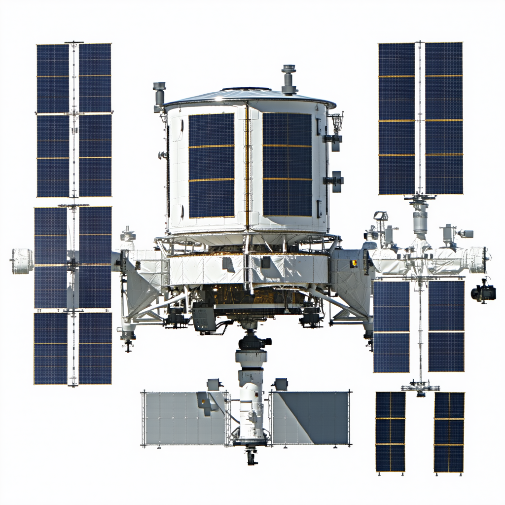 A Large Spacecraft Is Shown In A White Background, With A Close-up Of The Spacecraft's Front