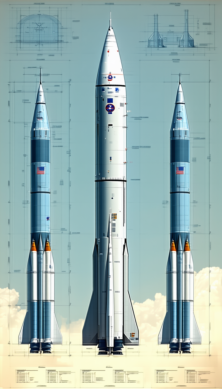 Two Rockets, One White And One Blue, Standing Side By Side