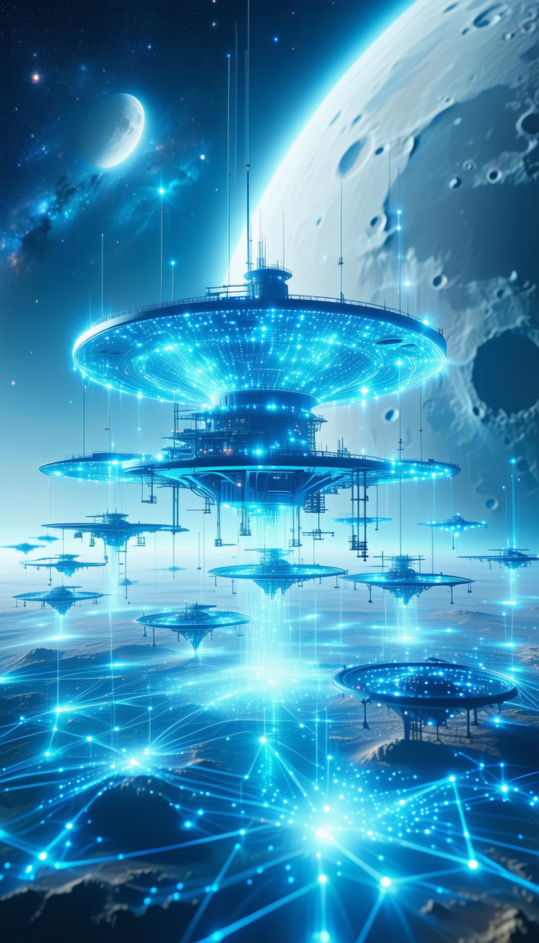 A Futuristic City With A Large, Blue, Circular Structure In The Center