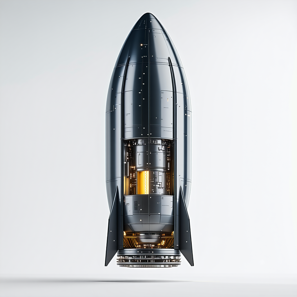 A Large, Sleek Rocket Ship With A Silver And Black Color Scheme