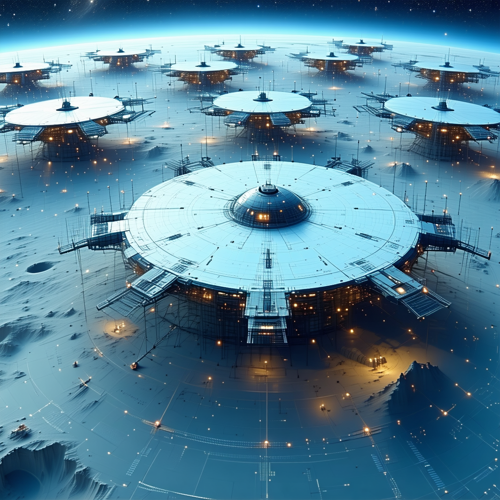 The Image Is A Futuristic Space Station With A Large Dome-shaped Structure