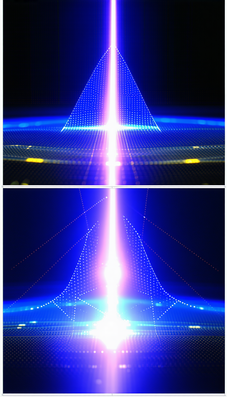 The Image Is A Split Screen, Showing Two Different Views Of A Blue Light