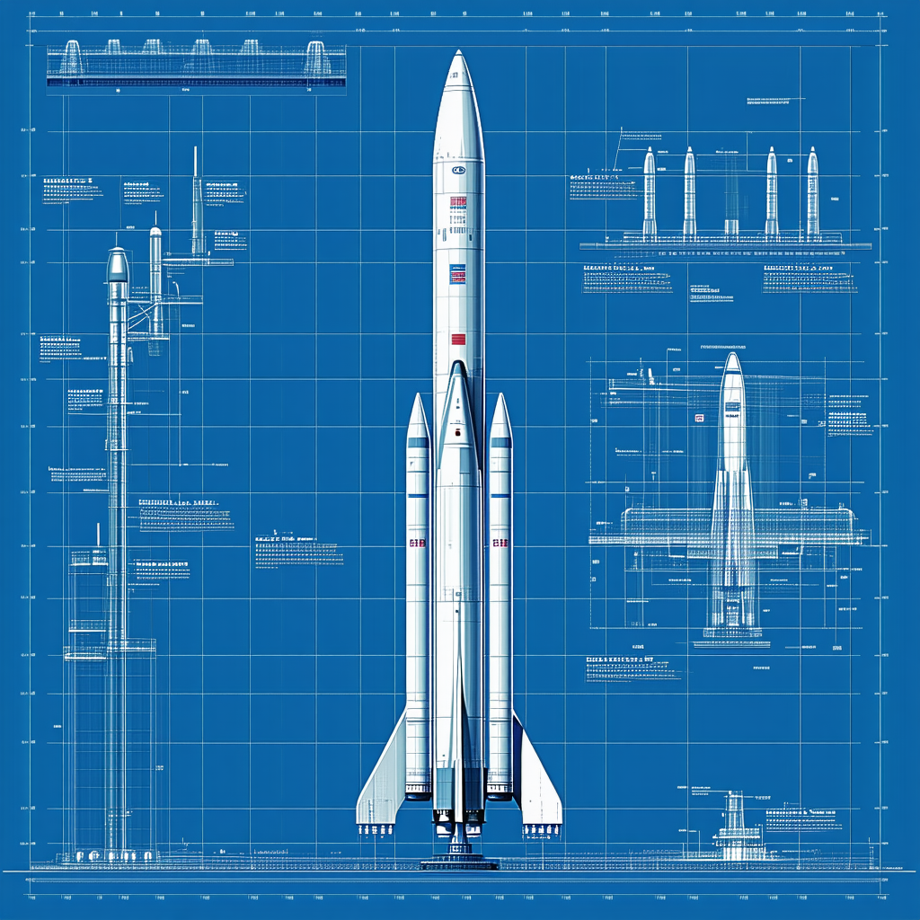 A Large White Rocket Is Shown In A Blue Drawing, With A Smaller Rocket On The Right Side