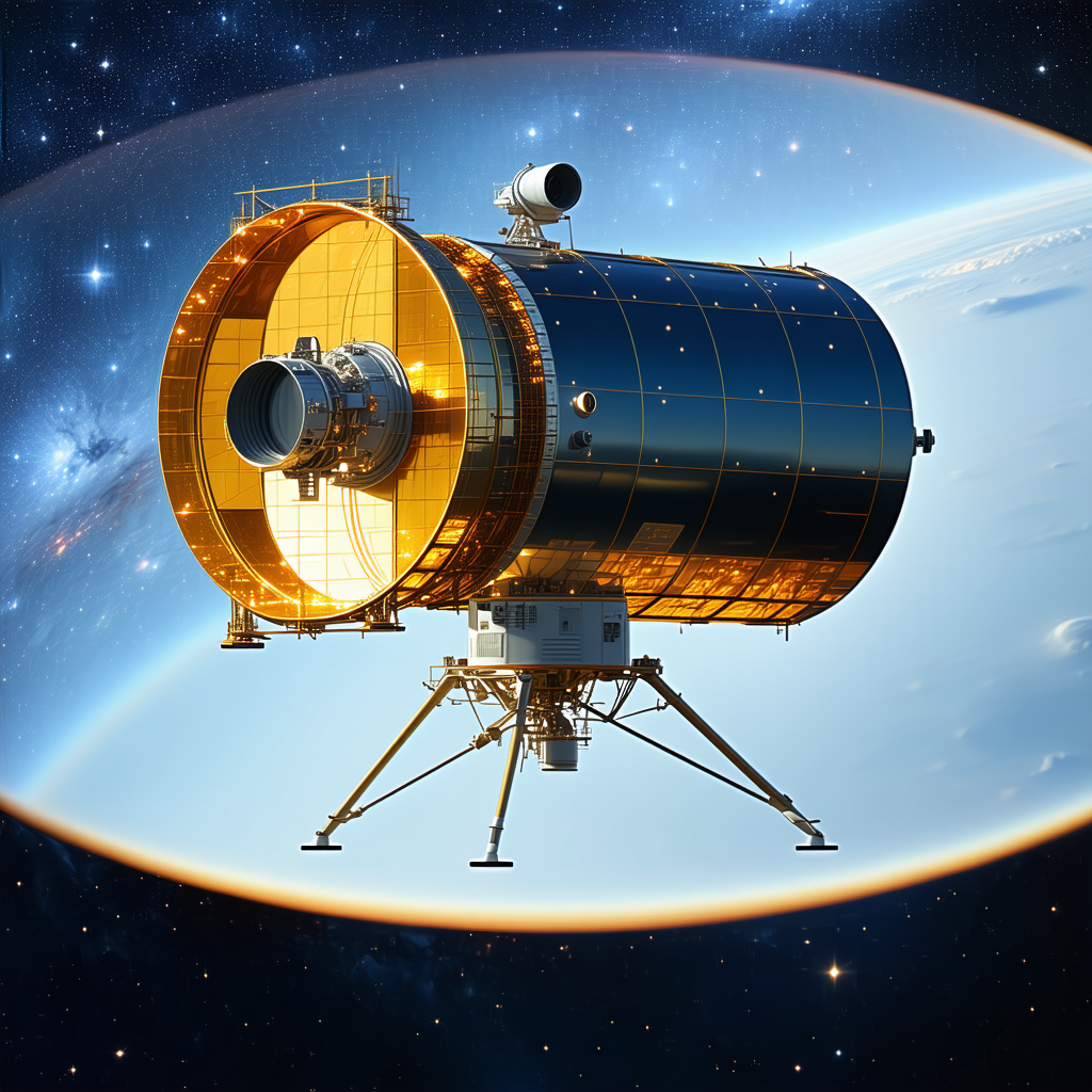 A Space Shuttle, Which Appears To Be A Large, Yellow And Blue Spacecraft, Floating In The Air