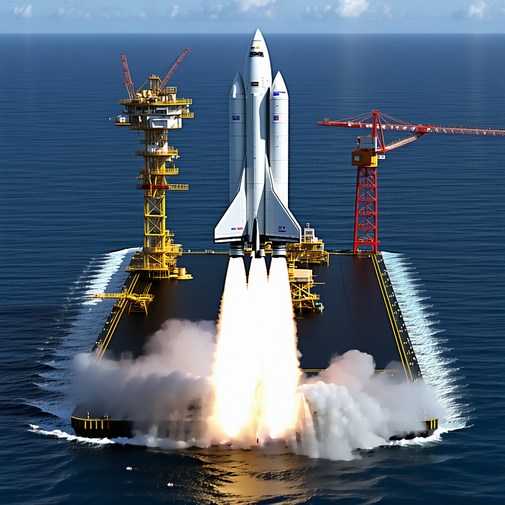 A Space Shuttle On A Large Platform In The Ocean