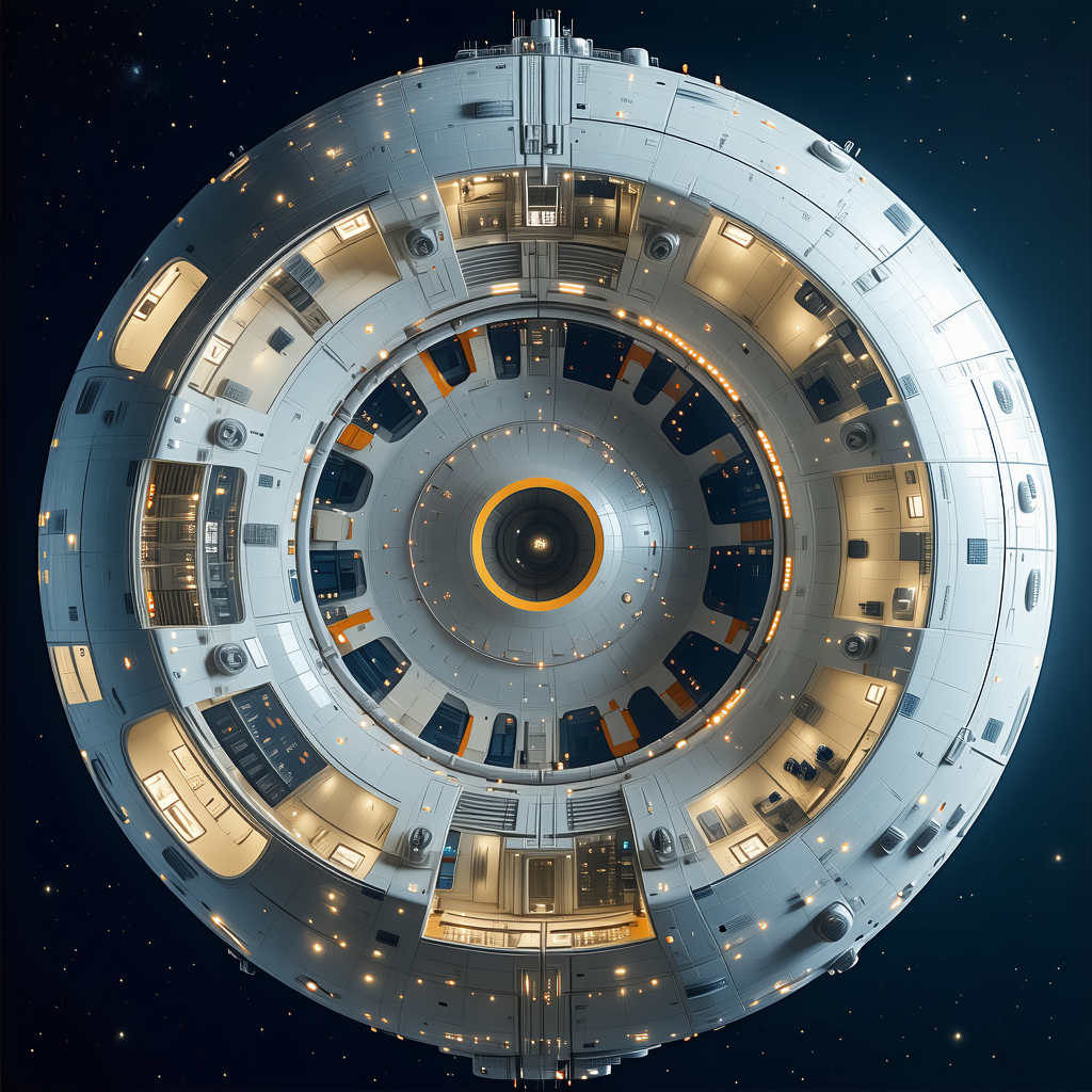 The Image Is A Close-up Of A Large, Round Spacecraft With A Central Circular Window