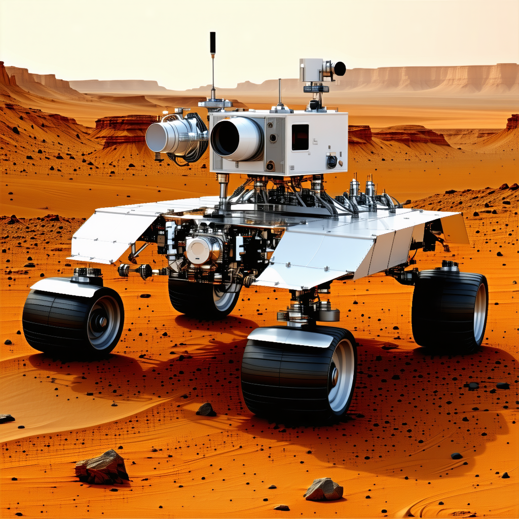 A Large Robotic Vehicle, Possibly A Rover, Sitting On A Rocky Surface