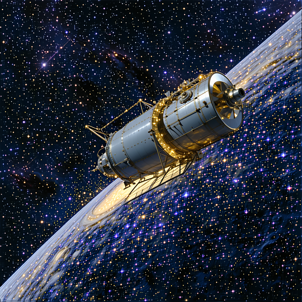 A Spacecraft, Possibly A Satellite Or A Space Shuttle, Flying Through The Night Sky