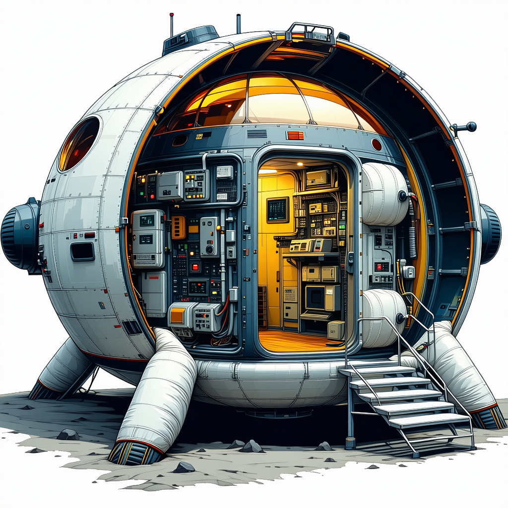A Large, Round Spacecraft Is Shown In A Drawing, With A Ladder Leading Up To The Entrance