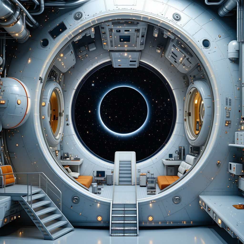In This Image, There Is A Large, Round Spacecraft With A Large Window In The Center