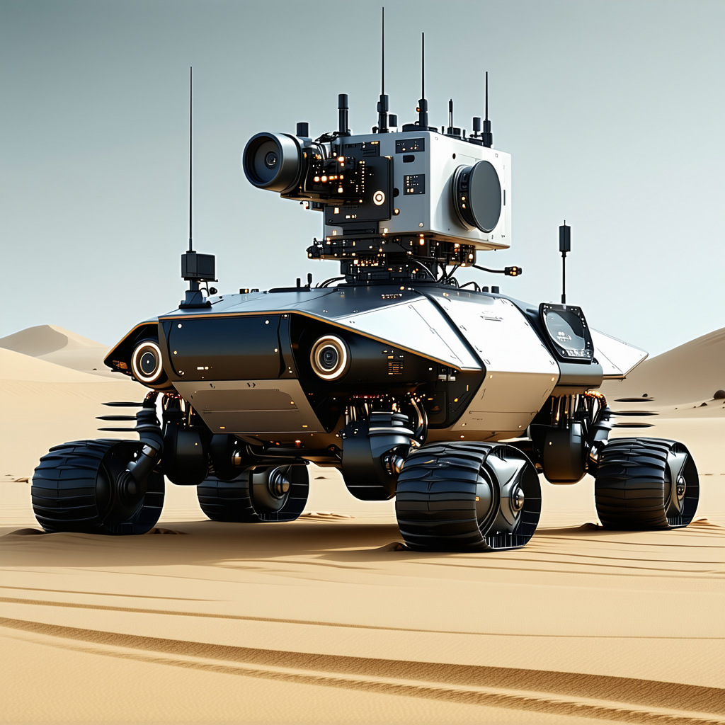 A Large Robotic Vehicle Is Sitting In A Sandy Area, Possibly A Desert