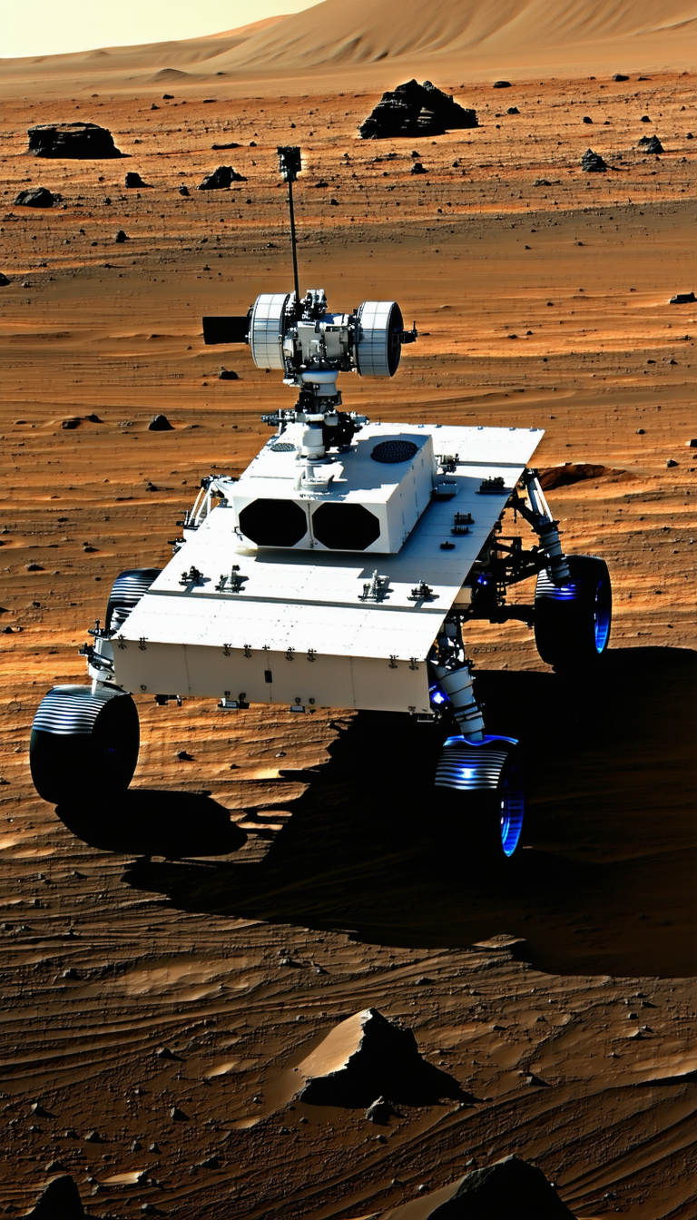 A White Robotic Vehicle With Blue Wheels, Driving On A Dirt Surface