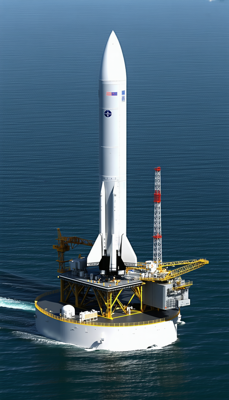 A Large White Rocket Ship Floating On Top Of A Yellow Platform In The Ocean
