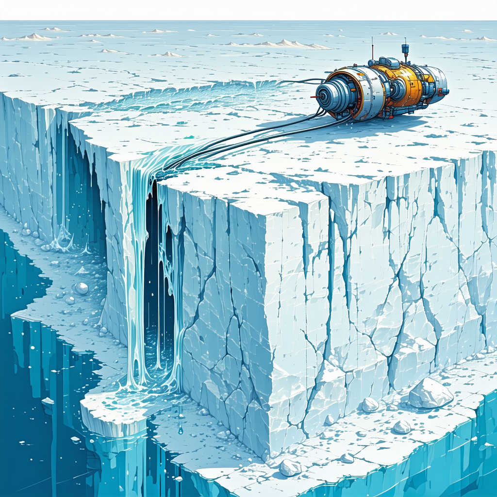 The Image Is A Colorful, Computer-generated Illustration Of A Large Iceberg With A Ship Stuck In It