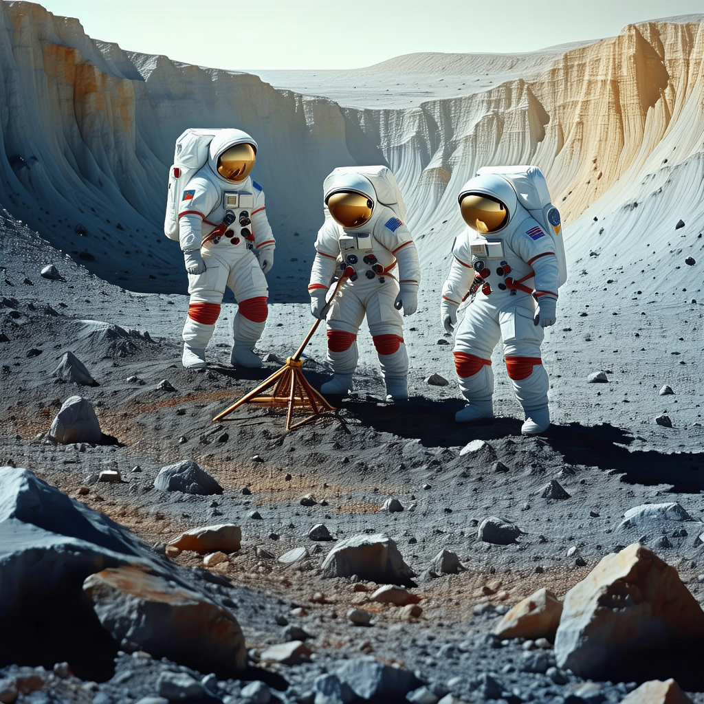 In The Image, Three Astronauts Are Standing On A Rocky Surface, Possibly On The Moon