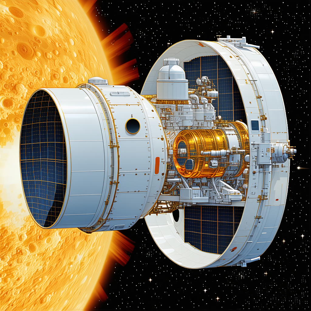 A Spacecraft Is Shown In A Space Scene, With A Large Sun In The Background