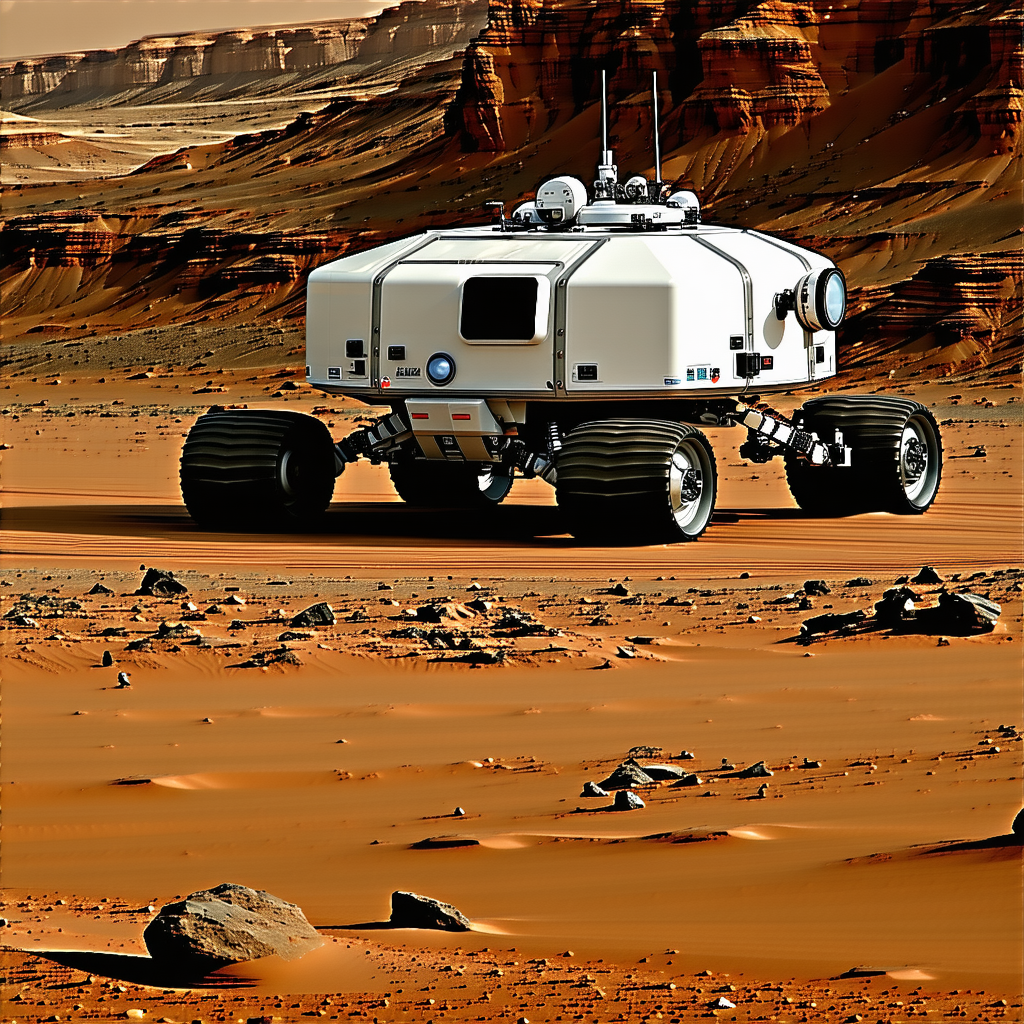 A Large White Vehicle, Possibly A Rover Or A Spacecraft, Driving Across A Rocky Terrain