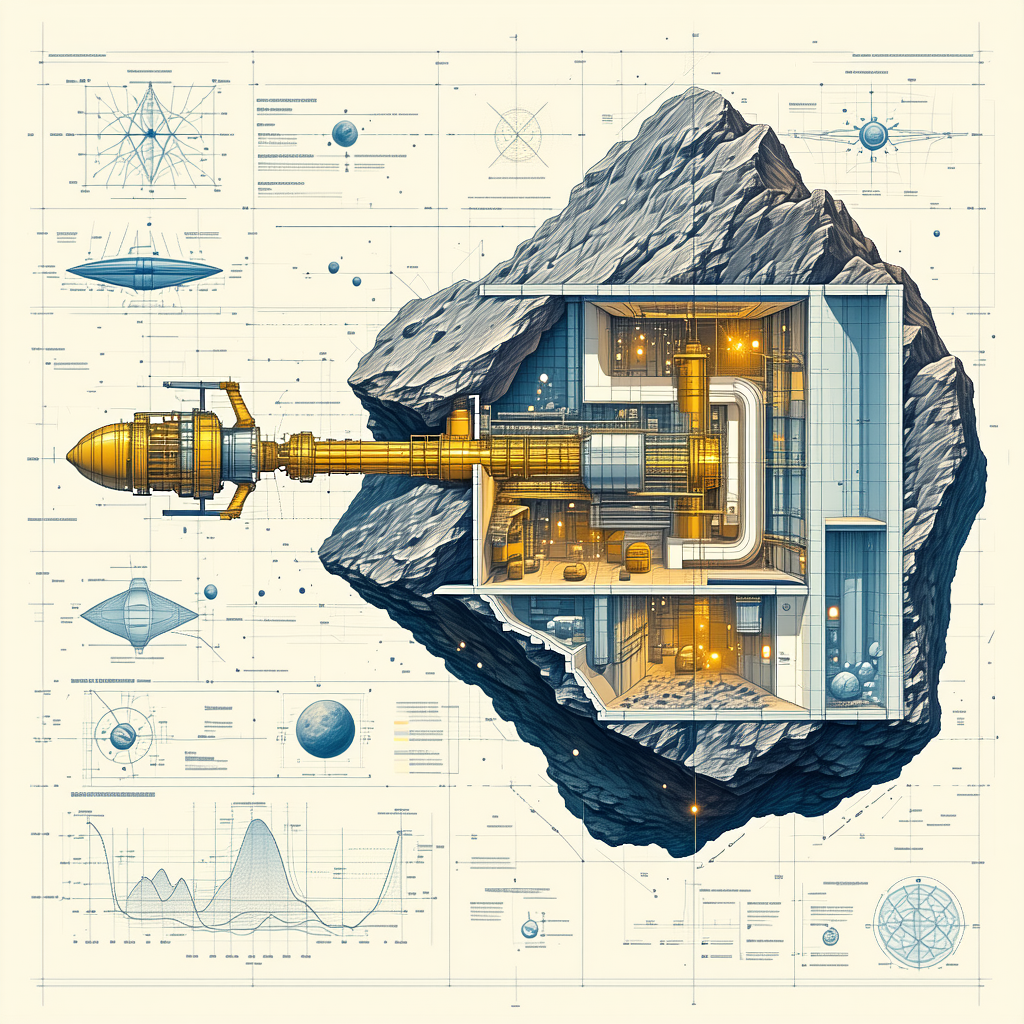 A Large Rock Is Shown In A Blueprint Drawing, With A Spacecraft Flying In Front Of It