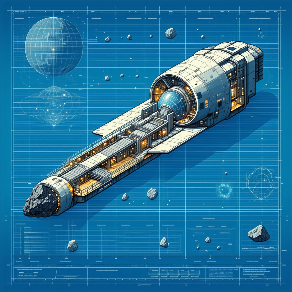 A Large Spacecraft Is Shown In A Blue And White Drawing