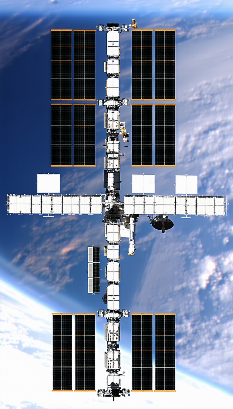 A Large Space Station Is Shown In The Image, With A View Of The Earth From Space