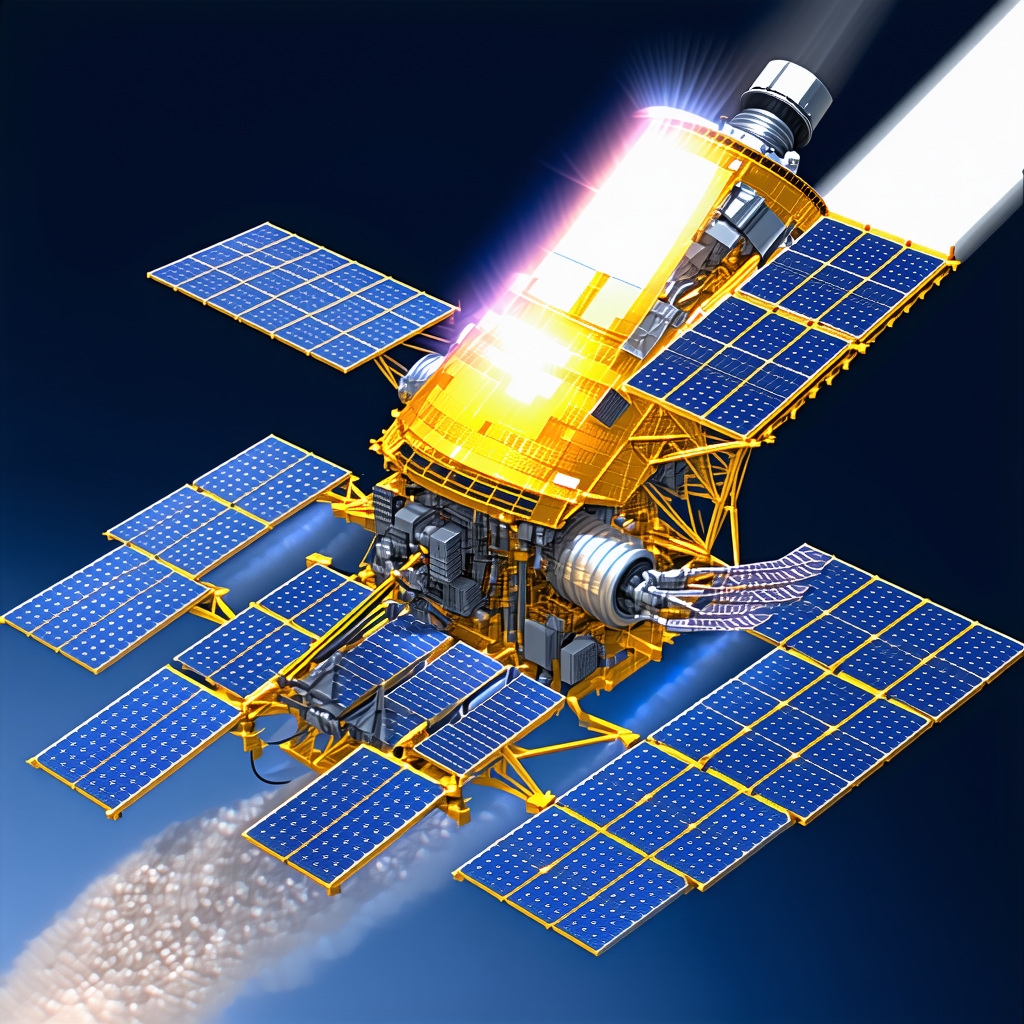 A Yellow Spacecraft Is Shown In A Blue Sky, With A Large Solar Panel On Its Side