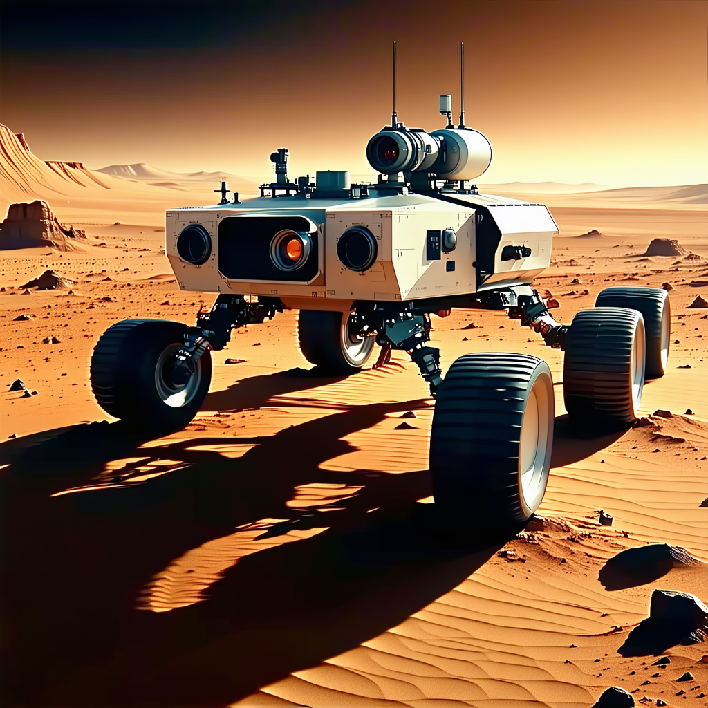 A Robotic Vehicle Is Parked On A Dirt Surface, With Its Wheels Visible