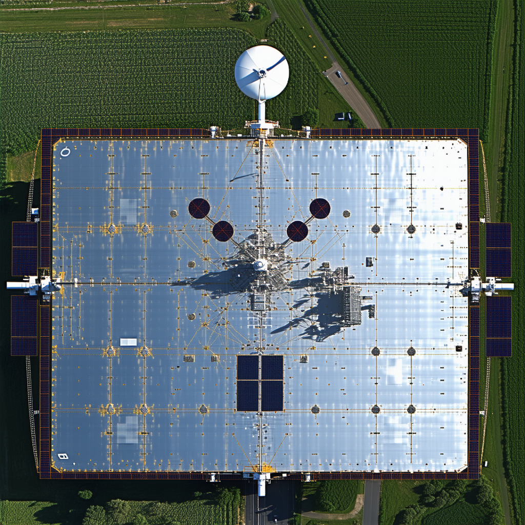 A Large Satellite Dish Is Located In A Field, Surrounded By A Variety Of Crops