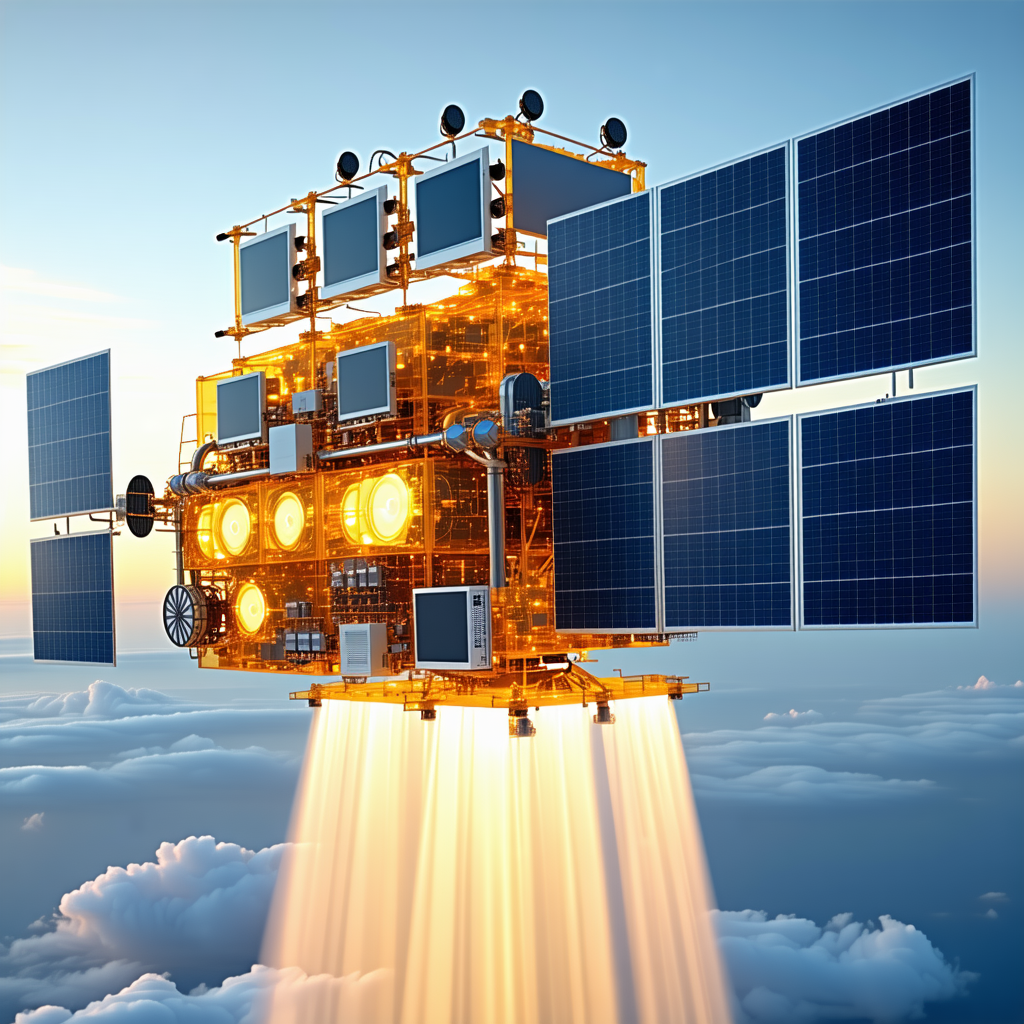 A Space Shuttle With A Large Solar Panel On Its Side, Flying Through The Sky