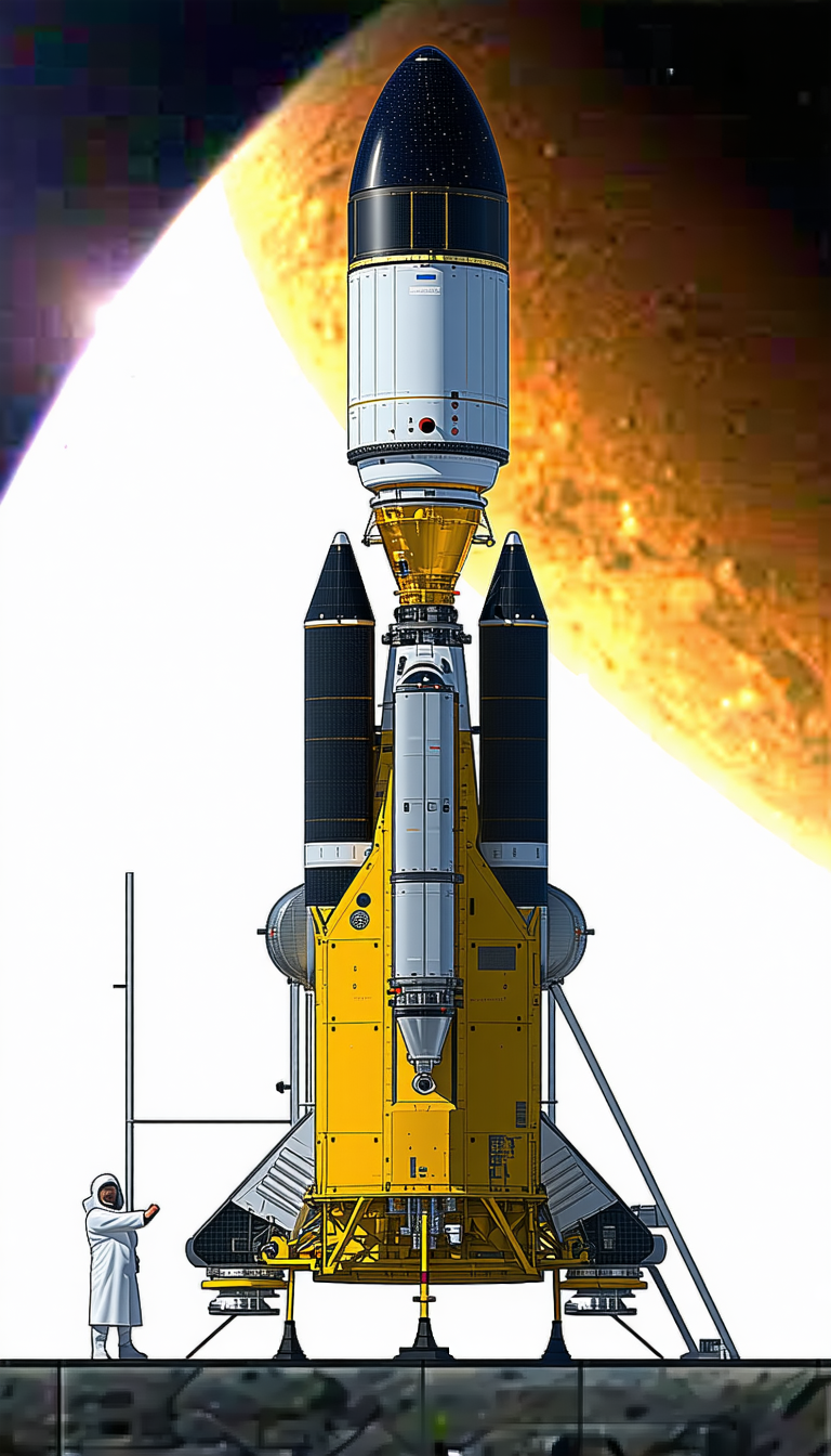 A Yellow Rocket Ship Is Shown In A Space Scene