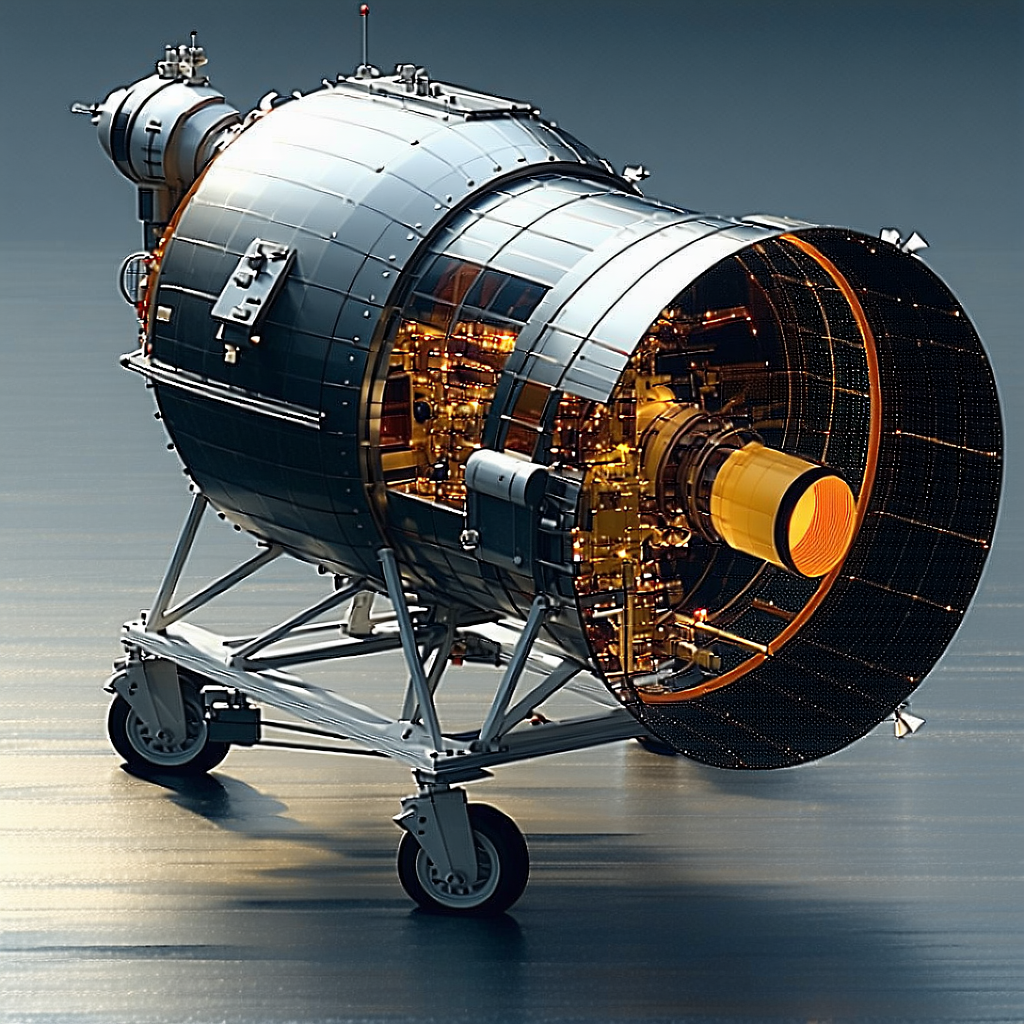 A Large, Silver, And Blue Rocket Engine On Display